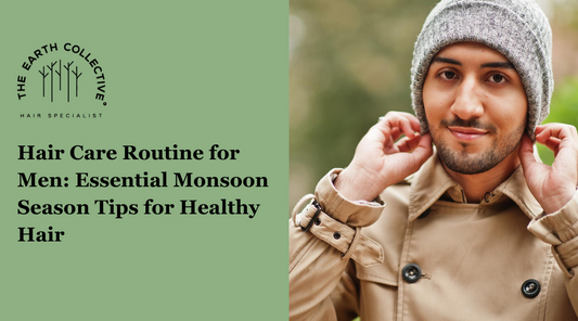 Man adjusting a gray beanie outdoors, text reads: "Hair Care Routine for Men: Essential Monsoon Tips" with The Earth Collective logo